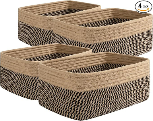 OIAHOMY 4 Pack Storage Baskets for Organizing, Small Baskets for Shelves, Cute Decorative Storage Bins, Organizer Baskets for Gifts Empty, 13''Lx8.7''Wx5.1''H,Black/Yellow