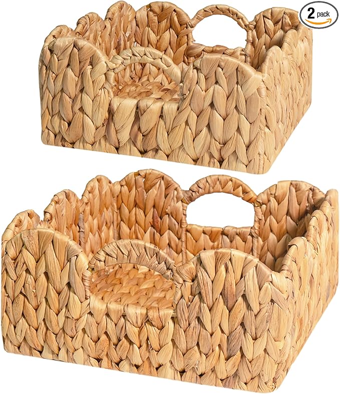 KOKODO Set of 2 Scalloped Wicker Baskets, Handwoven Water Hyacinth Decorative Bins with Handles for Home Decor & Organizing