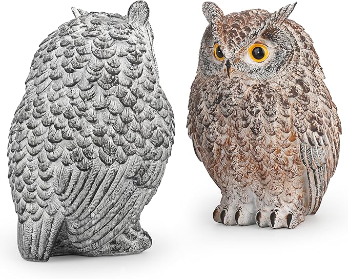 2 Pack Realistic Owl Statues for Indoor & Outdoor Decoration, Effective Birds Deterrent for Garden, Patio, Yard, and Home Decor, Suitable for Spring Decor (Brown & Gray)