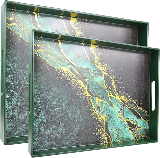Set of 2 Green Marble Serving Trays with Handles, Plastic Nesting Trays for Coffee Table, Ottoman, Kitchen, Living Room, Outdoor, Patio, Large 15.7”*11.8”*1.6”, Small 13.7”*9.8”*1.4”