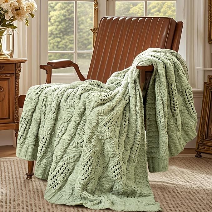 Amélie Home Chunky Knit Chenille Throw Blanket, Dual-Sided Soft Chenille Breathable Cable Knitted Blanket for Couch, Farmhouse Decorative Throw for Sofa & Chair, 60"x80", Sage Green