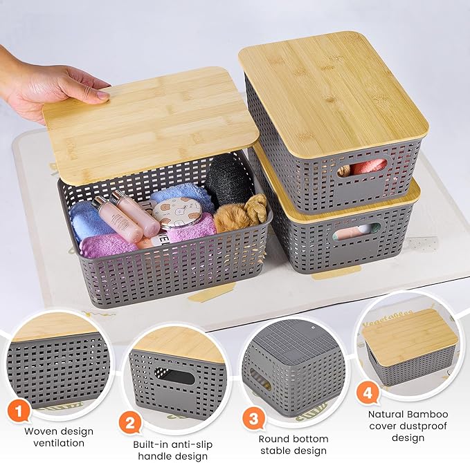 Plastic Storage Baskets With Bamboo Lid - Plastic Storage Containers Stackable Storage bins: Storage Baskets for Organizing Shelves Drawers Desktop Closet Playroom Classroom Office, 6 Pack, Gray