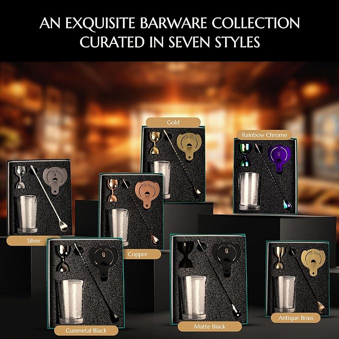 4 Piece Cocktail Kit by Bull In China - Premium Bartender Gift Set Includes Flagship Mixing Glass, 12 inch Barspoon, Bell Jigger & Hawthorne Strainer For Professional & Home Bars (Copper)