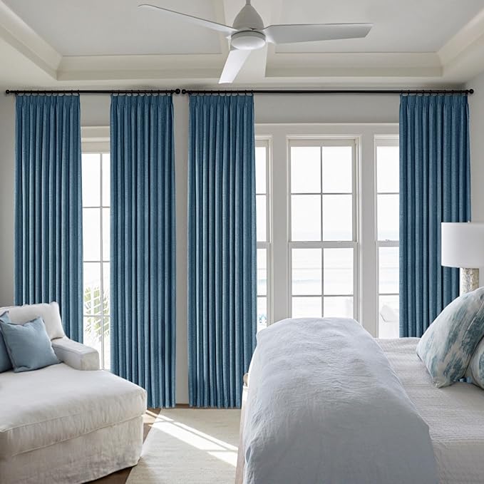 Macochico Pinch Pleated Blackout Linen Curtains 102 Inches Long, 100% Light Blocking Thermal Panels for Living Room Bedroom Farmhouse Drapery with Hooks and Tieback, Purplish Blue 52”Wx102”L 1 Panel