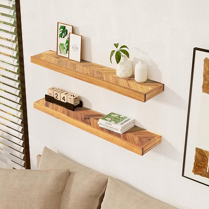 48" Rustic Farmhouse Floating Shelves – Set of 2 Acacia Wood Shelves for Stylish Wall Decor in Kitchen, Bathroom, and Office, Unique Chevron Pattern, 48x8x1.5 Inches - Set of 2 - DIY