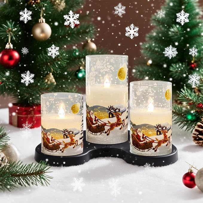 DRomance Santa Glass Flameless Candles Rechargeable Battery Operated with Remote and Timer Real Wax LED Flickering Pillar Candles White Cold Light Window Christmas Holiday Decor D3 x 4",5",6"