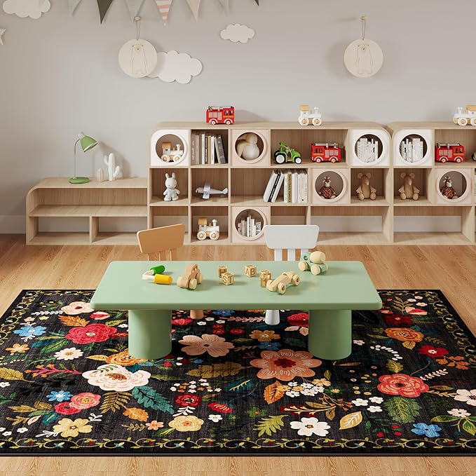 Rugcomf Living Room Rug 5x7 Rug Machine Washable Boho Area Rug Non Slip Floral Vintage Low Pile Large Rugs for Living Room, Bedroom, Farmhouse, Dining Room, Kids Playroom(Black)