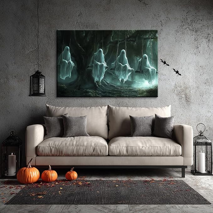 BANHUA1 Vintage Halloween Canvas Wall Art, Funny Ghosts Swing in Forest Print, Gothic Dark Academia Wall Decor, Creepy Spooky Abandoned Art Halloween Pictures, 40 x 28 Inch