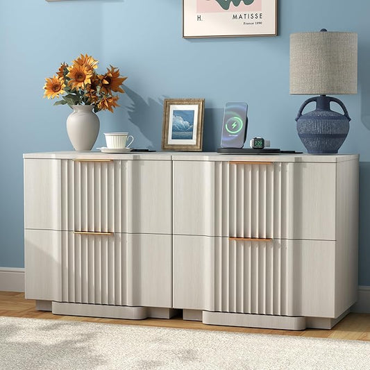 Yechen Fluted Nightstands Set of 2 with 20W Fast Charging Station - Large Wood Night Stands with 2 Storage Drawers, Modern Wide Bedside End Tables for Bedroom with Curved Profile Base, White Oak