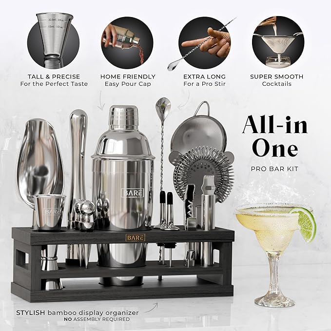 BARE BARREL® Mixology Bartender Kit Bar Set | 16-Piece Cocktail Shaker Set | Martini Barware Mixing Tools for Home Bartending | Incl. 35 Recipe Cards | Gift Set (24oz Cobbler Shaker, Silver/Black)