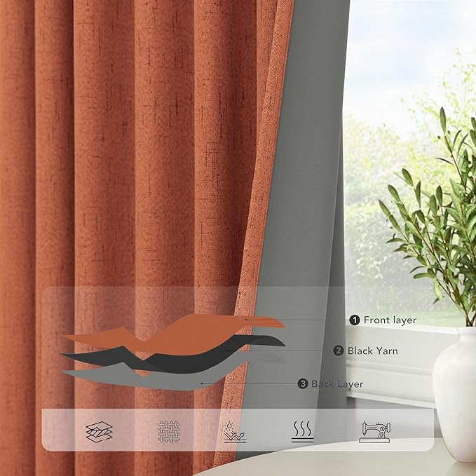 Rust Blackout Curtains for Living Room 102 Inch Length 2 Panels Set Linen Textured Thermal Terracotta Black Out Window Drapes for Bedroom Patio Sliding Glass Door Vertical Blinds Home Office 102 Long