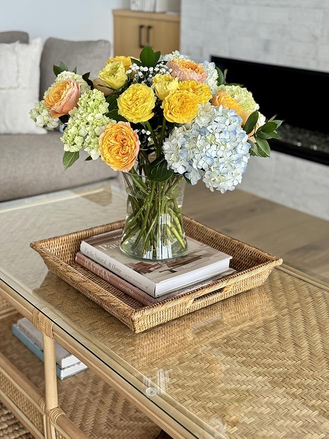 KOUBOO La Jolla Rattan Square Serving Baskets & Trays -Table Tray, Organize Your Home, Storage Tray for Kitchen, Dining & Coffee Tables, Honey Brown, 17.5" x 17.5" x 2.75"