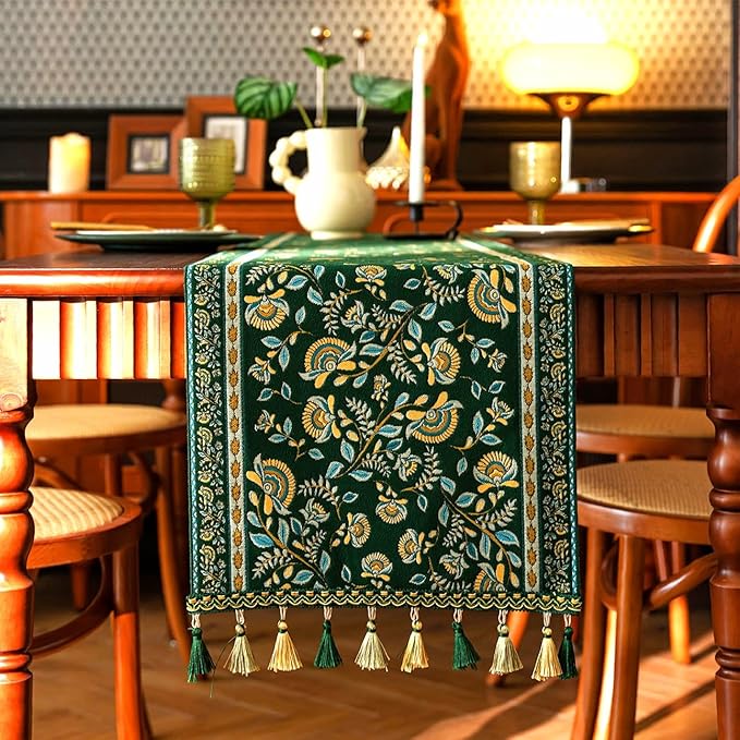 13×72 Inch Table Runner, Retro-Luxury Tassels Series for Kitchen Dining Table Holiday Decoration (Green Branch)
