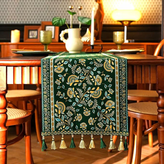 13×72 Inch Table Runner, Retro-Luxury Tassels Series for Kitchen Dining Table Holiday Decoration (Green Branch)