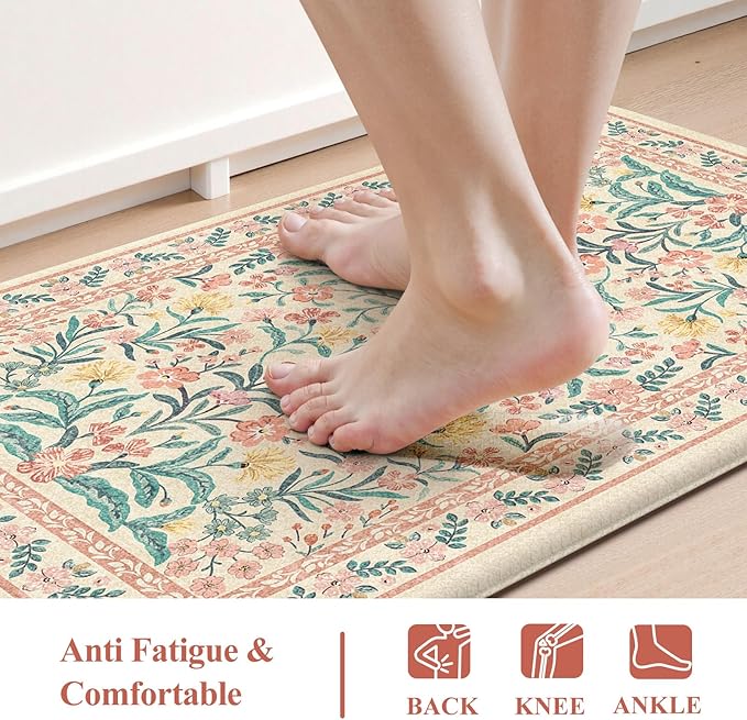 Collive Kitchen Mats Cushioned Anti Fatigue, Non Slip Waterproof Kitchen Floor Mat Modern Pink Floral Sink Rug, Comfort Desk Standing Rugs for Bedroom, Laundry, Home Office, 2'x5'