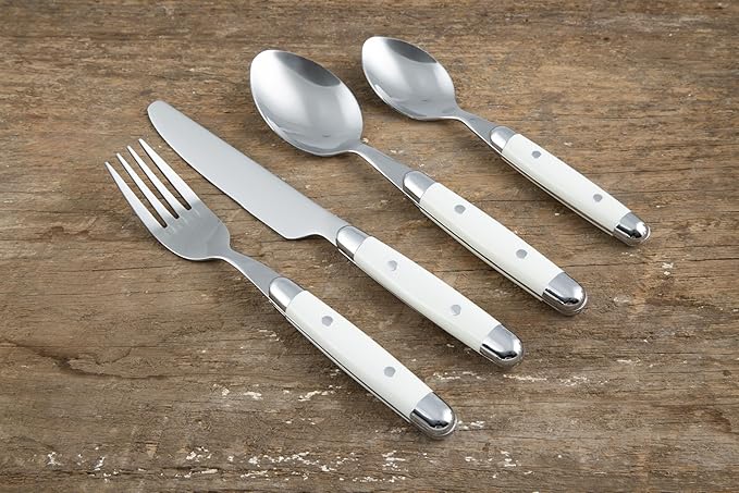 Cambridge Silverware Set, Jubilee White 16-Piece Flatware Set, Service for 4, 18/0 Stainless Steel, Silver Mirror Finish Beige Handles, Knives Spoons and Forks set, Dishwasher Safe, (Beige, 16 Pieces)