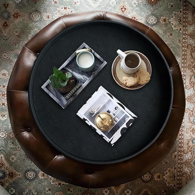 HofferRuffer Large Round Serving Tray 24'', Elegant Faux Leather Circle Ottoman Table Tray, Serve Tea Coffee Breakfast in Bedroom Living Room Kitchen (Classic Black)