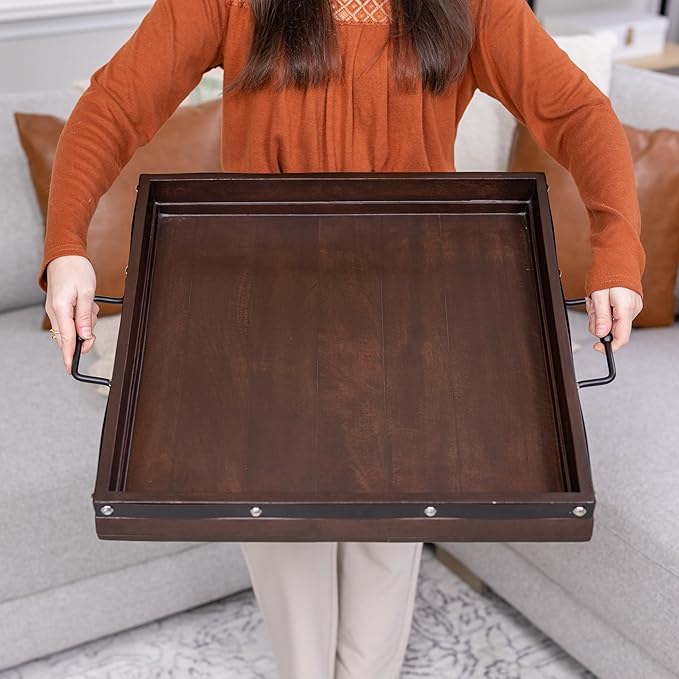 20"x20" Extra Large Square Ottoman Tray, Heavy Duty Mango Wood, for Serving Tea, Breakfast in Bed, Living Room Large Coffee Table Tray Rustic with Farmhouse Style, Decorative Handles and Accent Strap