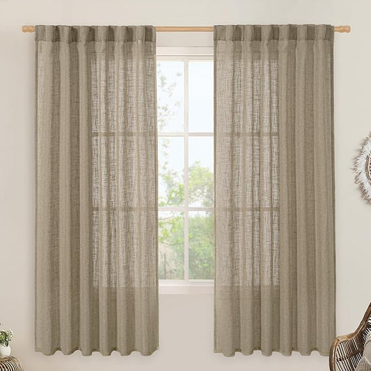 LAMIT Taupe 72 inch Linen Curtains for Living Room 2 Panels, Linen Textured Light Filtering Semi Sheer Back Tab and Rod Pocket Curtain Panels for Bedroom/Farmhouse, 52 x 72 Inch