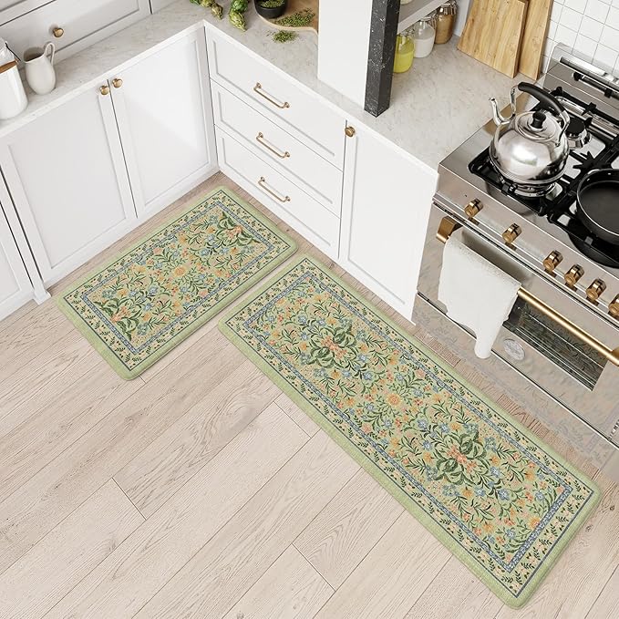 Collive Anti Fatigue Mat for Kitchen Floor, Green Floral Kitchen Mats for Floor Set of 2, Cushioned Waterproof Sink Rugs Non Slip Comfort Standing Rug for Office, Laundry, Desk
