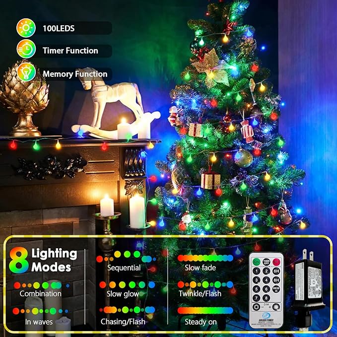 100LED Connectable String Lights Indoor Outdoor for Bedroom, 43ft Multicolor Fairy Lights with Remote & Timer, Plug in 8 Modes Waterproof Globe Hanging Twinkle Light for Room Classroom Wedding Decor