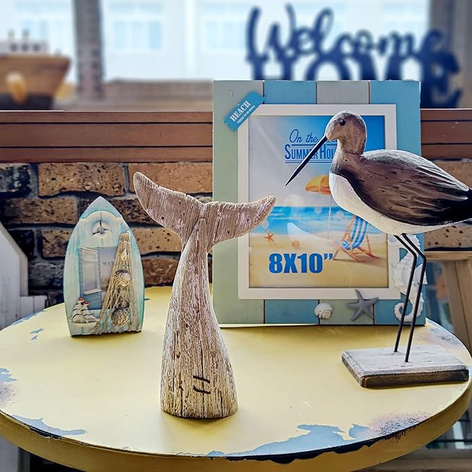 Aecipl Nautical Home Decor Wood Whale Tail Tabletop Statue Decorative Rustic Sculpture Ocean Beach Coastal Themed Figurine Whale Ornament Bathroom Shelf Decoration (8.5" H)