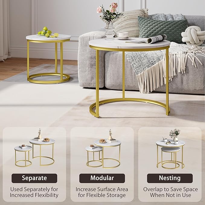 Nesting Tables Set of 2, White Round Coffee Table, Small Nesting Coffee Table with Adjustable Non-Slip Fee, White Marble Top Stack Nesting Tables Set of 2 for Living Room, Bedroom