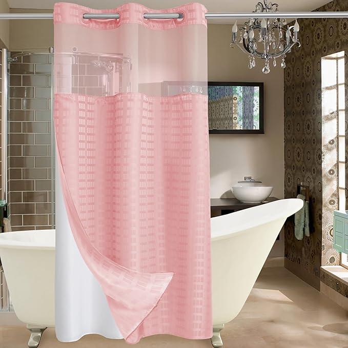 Conbo Mio Stall No Hook Shower Curtain with Snap in Liner Set, Hotel Luxury Pink Shower Curtains for Bathroom with See Through Top Window, Waterproof, Washable 36W x 74H