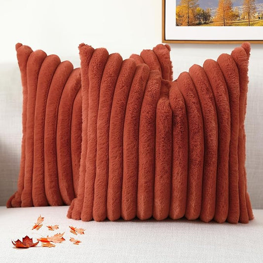 decorUhome Faux Fur Fall Throw Pillow Covers 20x20 Set of 2, Decorative Soft Plush Striped Neutral Couch Euro Pillow Covers with Velvet Back for Sofa, Bed, Living Room Home Decor, Rust