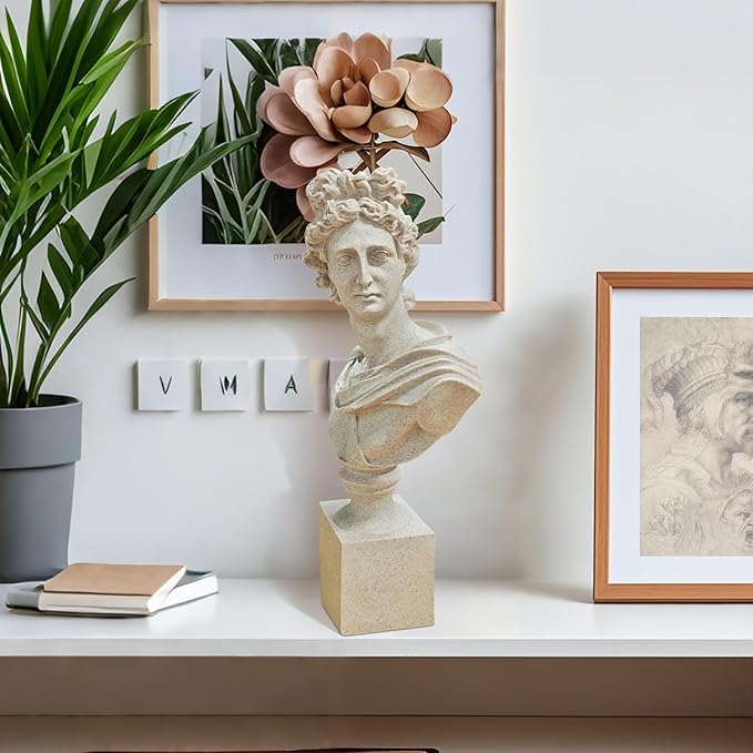 Apollo of The Belvedere Bust Sculpture, Greek Pythian Apollo Statuette, Sandstone Sculpted Figure, 14 x 7.5 x 3.25 Inches