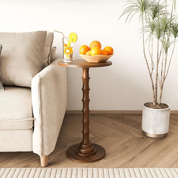 Round Side Table, Modern Drink Table for Small Spaces, Slim End Table with Solid Wood Leg for Living Room, Bedroom, Corners, and Office (Walnut Brown)
