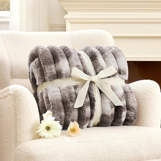 Cozy Bliss Faux Fur Throw Blanket for Couch, Cozy Warm Plush Striped Blanket for Sofa Bedroom Living Room, 60 * 80 Inches Tie-dye Grey