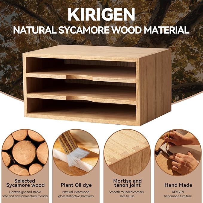 KIRIGEN Wooden Desktop Organizer Paper Storage Letter Tray File Sorter - Desk Rack Magazine File Dividers Holders for Home Office Accessories Wood Desk Cabinet with 3 Layer Trays Natural(3KWJG-NA)