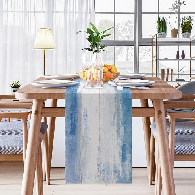 Emvency Farmhouse Table Runner, Blue and Grey Abstract Art Painting for Kitchen Coffee Table Family Dinners Holiday Parties Wedding Events Decor(13x72 inch)