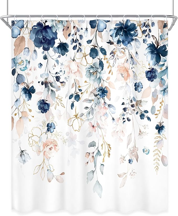 Blue Pink Floral Shower Curtain 72Wx96H Inch Extra Long Flower Watercolor Wildflower Spring Rustic Eucalyptus Leaf Bathroom Set Girl Plant Botanical Bath Curtain Bathtub Accessories Home Decor