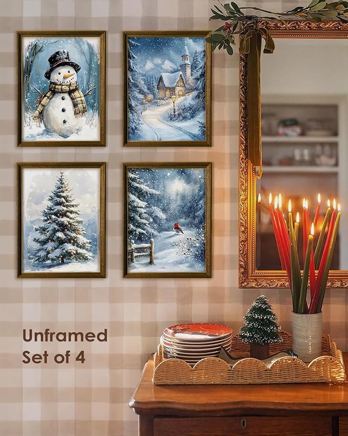 Wheatwin Winter Wonderland Vintage Christmas Wall Art Prints Set of 4, Blue Christmas Tree Snowman Wall Decor, Winter Xmas Decor for Bathroom Home Bedroom Living Room, 12x16 (Unframed)
