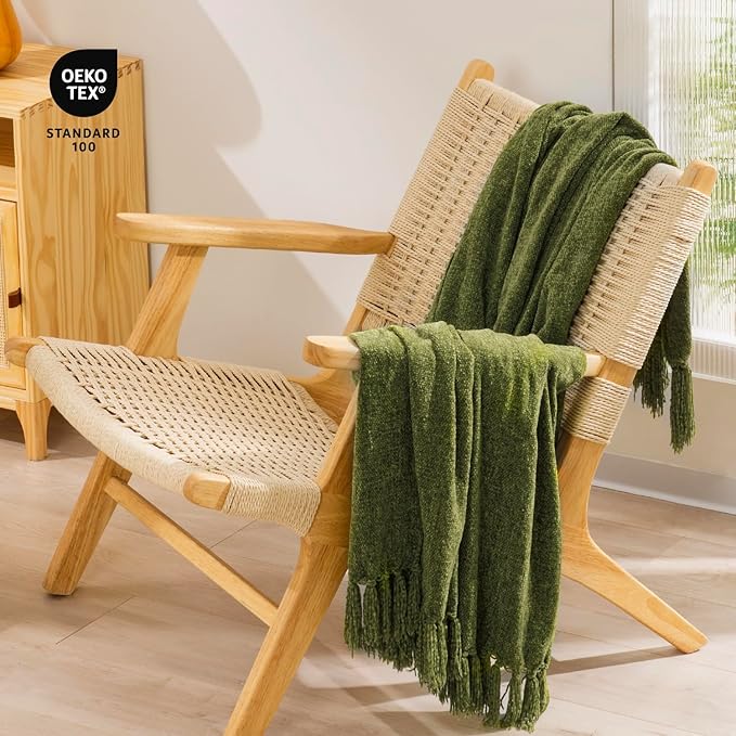 RECYCO Throw Blanket Soft Cozy Chenille Throw Blanket with Fringe Tassel for Couch Sofa Chair Bed Living Room Gift (Loden Green, 60'' x 80'')