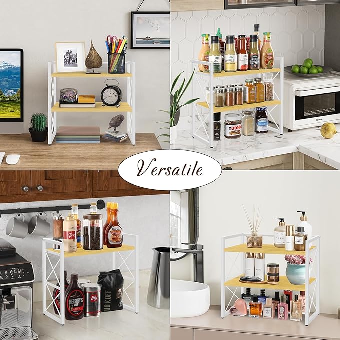 YINMIT Desktop Shelf Organizer, 2 Tier Office Shelves, Wood Desk Organizer Storage Rack and Freestanding Display Shelf for Office, Dormitory, Home (White Wood)