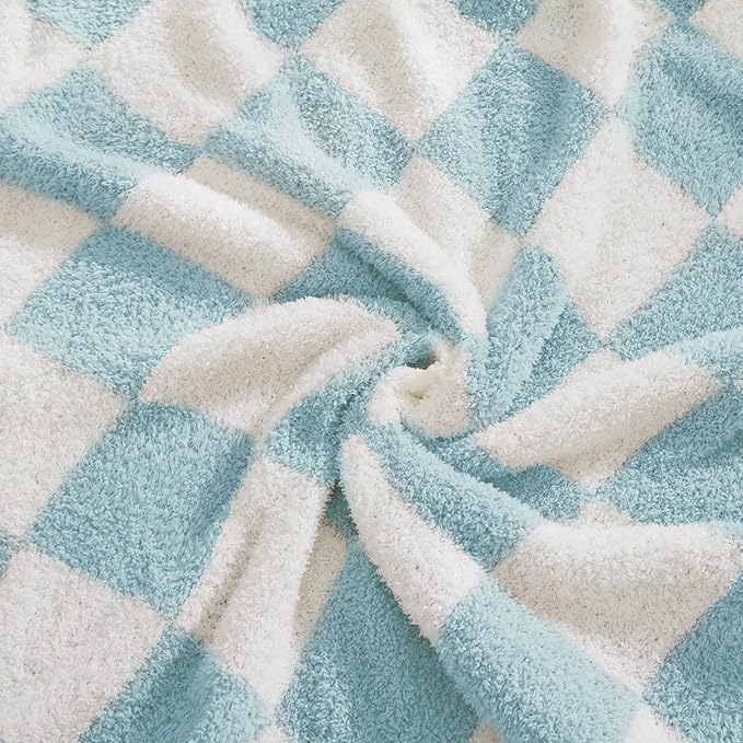 WRENSONGE Checkered Throw Blanket, Sky Blue Soft Cozy Fluffy Warm Hand Made Throw Blankets for Couch, Sofa, Chair, Bed, Camping, Picnic, Travel Lightweight Bed Blanket - 50"*70"