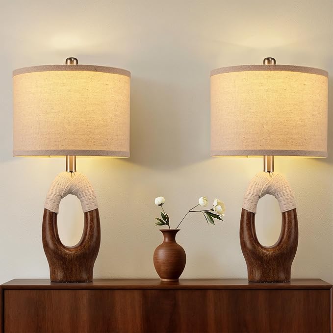 Set of 2 Boho Rattan Table Lamps,21" Farmhouse Rustic Table Lamp for Bedroom Night Stands,Wood Grain Color Resin Bedside Lamps with Linen Shades for Living Room Coastal Beach Decor(Bulbs Not Included)