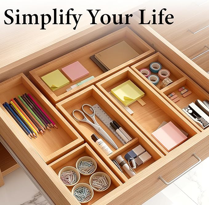 Bamboo Drawer Organizer 5 Pcs for Kitchen Multi-purpose Storage Dividers for Kitchen, Office, Jewelry, Cosmetics, Wooden Drawer Dividers for Drawer Organizer Desk Organizer Gift for Women Gifts Idea