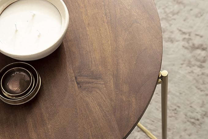 Kate and Laurel Ulani Modern Nesting Coffee Table; Set of 2; Walnut and Gold; 22.5 x 20.25; Decorative Sophisticated Mango Wood and Metal End Tables for Display and Storage