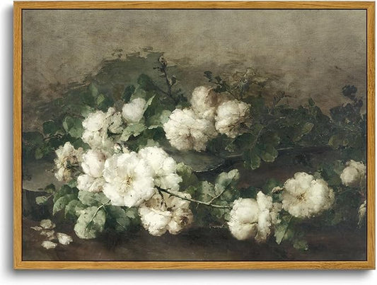 KISSFOX Framed Vintage Floral Wall Art White Flower Botanical Painting Canvas Prints Retro Rustic Farmhouse Pictures Cottagecore Aesthetic Office Decor Bedroom Bathroom Living Room