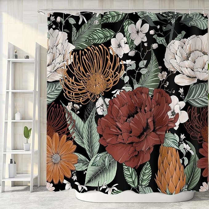 Sanzugh Boho Floral Shower Curtain, Pretty Vintage Bohemian Flower Botanical Leaves Fabric Shower Curtains Set for Bathroom Decoration with Hooks 72 X 72 inch Black Dark Bath Decor