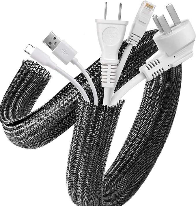 AGPTEK Cable Sleeve Cover, 20ft - 1 inch Desk Cord Organizer Cable Hider, Home Office Wire Management Computer TV Wire Loom Tubing, Pet Proof Cord Protector, from Cat Dog Chewing, Black