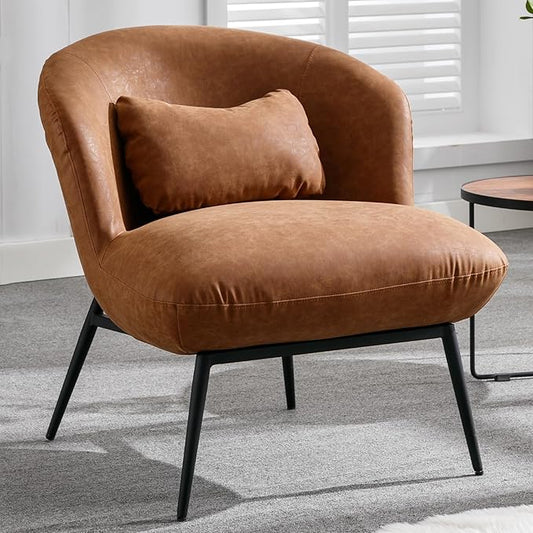 DUOMAY Modern Accent Chair, PU Upholstered Leisure Chair Single Sofa Chair Lounge Chair with Lumbar Pillow Metal Legs Slipper Chair for Living Room Bedroom Office, Brown