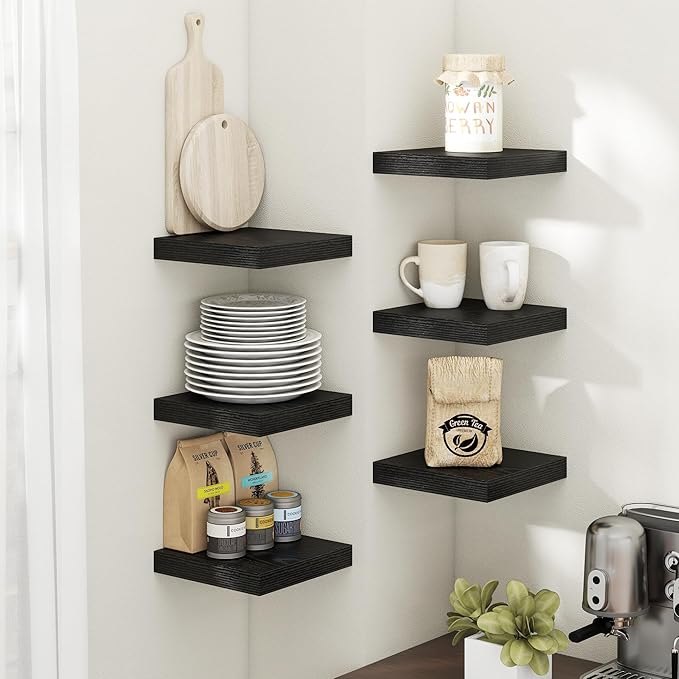 Floating Shelves for Wall with Invisible Brackets, Wall Mounted Engineered Wood Shelves with Wood Grain for Living Room, Bedroom, Bathroom, Kitchen Decor and Storage, Oak, 8"L Set of 3, Black