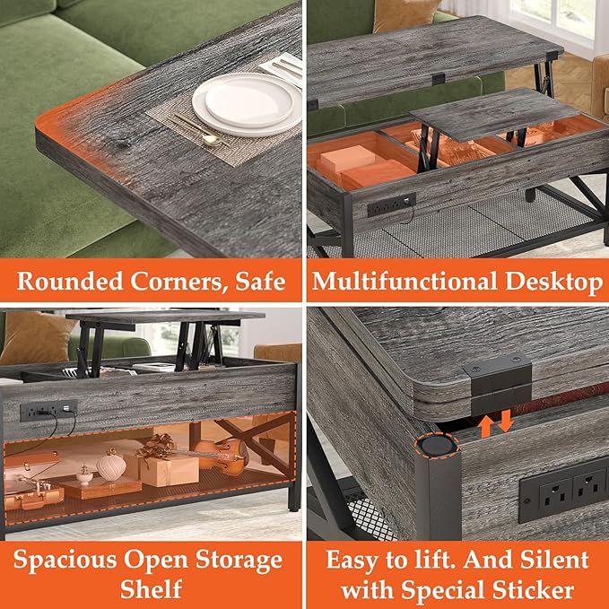 Aheaplus Coffee Table Lift Top Multi-Function Coffee Table Converts to Dining Table, with LED Light and Power Outlet, Center Table with Shelves for Living Room Reception Home Office, Black Oak