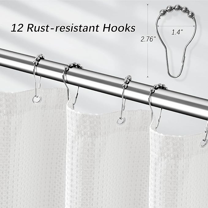 White Shower Curtain for Bathroom 84 Inches Long, Waffle Textured Heavy Duty Extra Long Waterproof 256GSM Weighted Beige Shower Curtains with 12 Metal Hooks, 72Wx84H