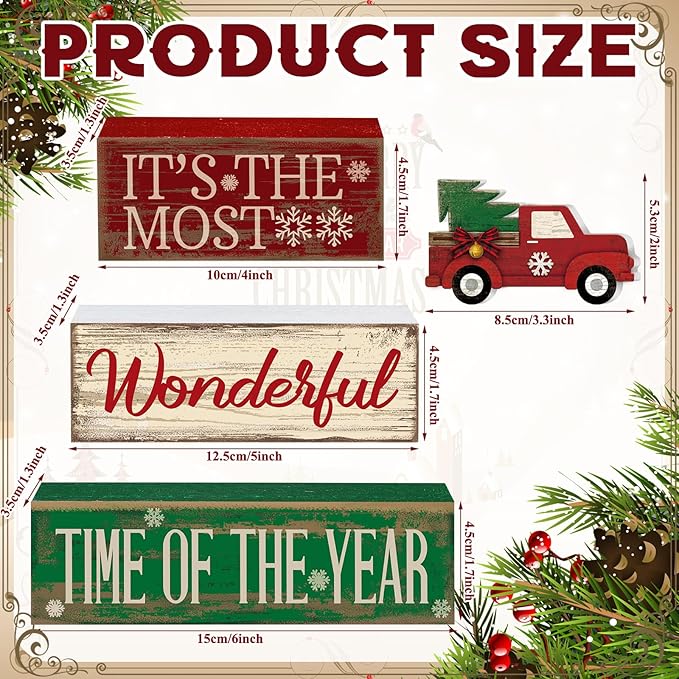 4 Pcs Christmas Decor Wooden Red Truck Winter Tiered Tray Decor Rustic Merry Christmas Table Centerpiece Wood Red Truck Block Sign Gift Farmhouse for Home Kitchen Tabletop Office Shelf